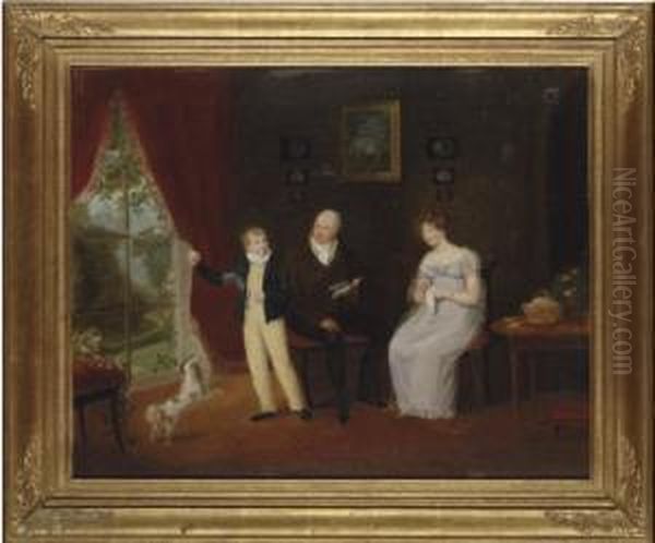 Group Portrait Of A Lady And Gentleman And Their Son, With A Spaniel, In An Interior Oil Painting by Maria Spilsbury