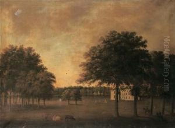 A Georgian Country House In A Parkland, With Figures, Dogs And Cattle In The Foreground Oil Painting by Maria Spilsbury