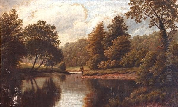 Wooded River Landscape With Fisherman Oil Painting by Thomas Spinks