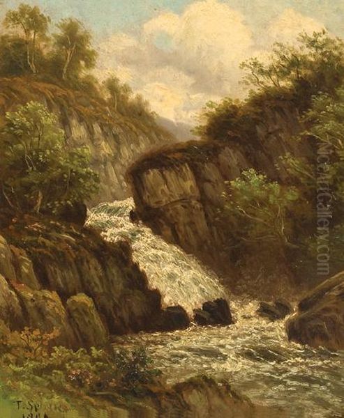 Waterfall In A Rocky Landscape Oil Painting by Thomas Spinks