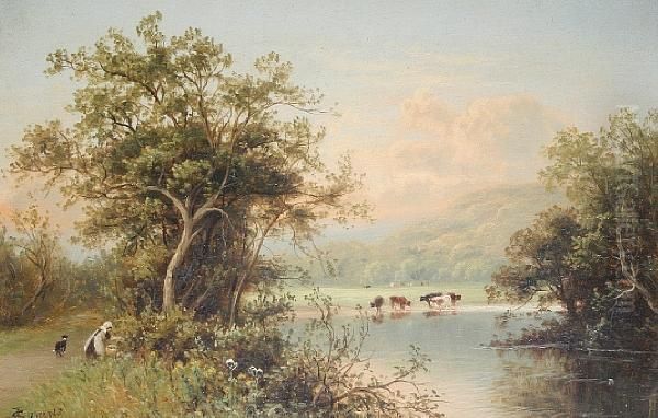 Cattle Watering At A Stream, A Pair Oil Painting by Thomas Spinks