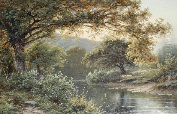 Sheep Grazing By A Riverbank; An Angler By Astream, A Pair by Thomas Spinks