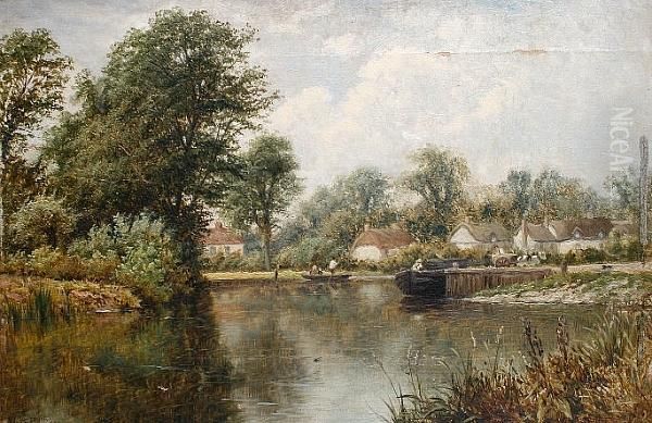 Punting Outside The Cottage Door; A Lake View Oil Painting by Thomas Spinks