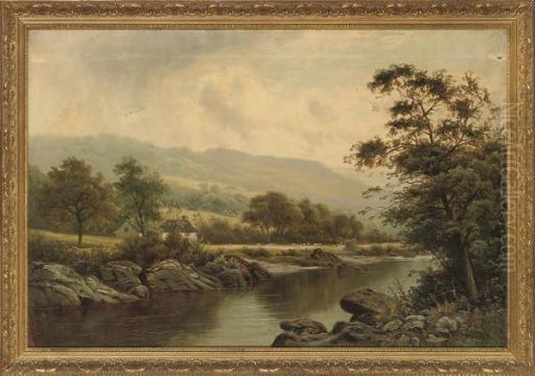 Cattle And Sheep Grazing Beside A Quiet Stretch Of River Oil Painting by Thomas Spinks