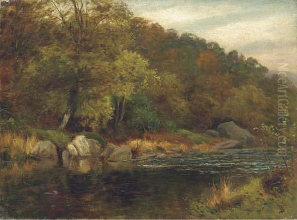 A Wooded River Landscape Oil Painting by Thomas Spinks