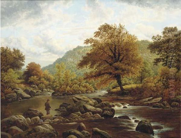 A Landscape With A Fisherman By A Stream Oil Painting by Thomas Spinks