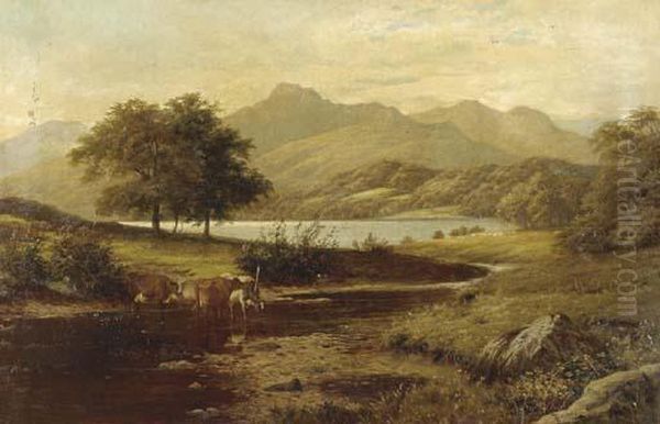 Cows Fording A Stream In A Mountainous Landscape Oil Painting by Thomas Spinks