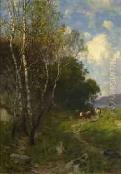 Hutejunge Mit Rindern In Baumlandschaft Oil Painting by August Karl Martin Splitgerber