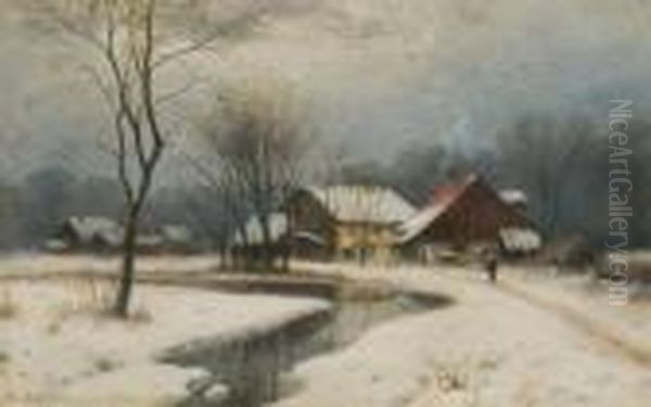 Village In The Winter Oil Painting by August Karl Martin Splitgerber