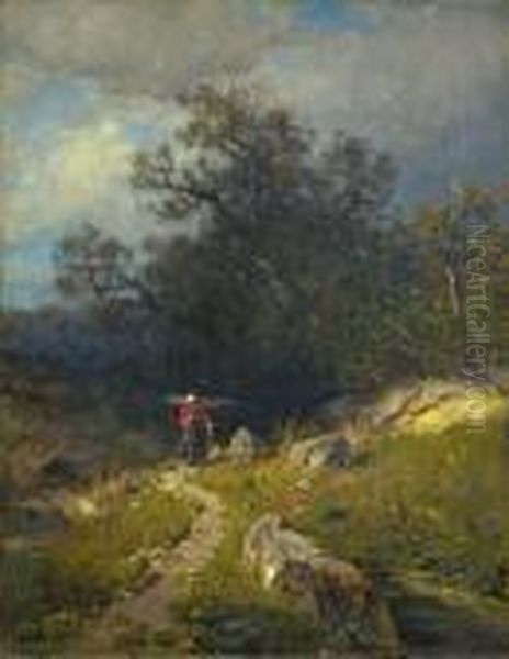 Landschaft Mit Reisigsammlerin Oil Painting by August Karl Martin Splitgerber