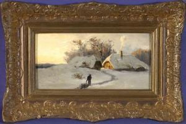 Schlittenzieher Vor Einem Gehoft Am Winterabend Oil Painting by August Karl Martin Splitgerber