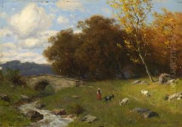 Hirtin Mit Ziegen Am
 Bachufer. Oil Painting by August Karl Martin Splitgerber