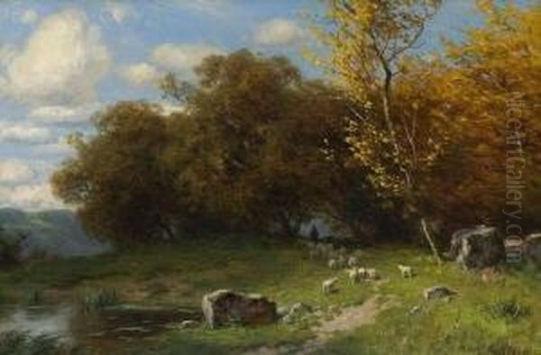 Schafer Mit Herde In
 Herbstlandschaft. Oil Painting by August Karl Martin Splitgerber