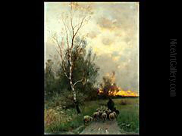 Schafe Mit Schafer Auf Dem Heimweg Oil Painting by August Karl Martin Splitgerber