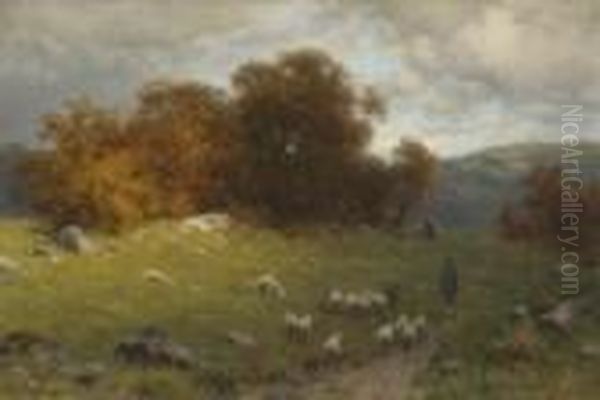 Hirte Mit Schafherde In
 Herbstlicher Landschaft. Oil Painting by August Karl Martin Splitgerber