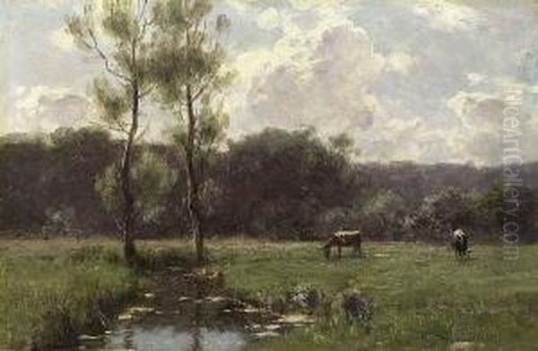 Kuhe Am Wiesenbach. Oil Painting by August Karl Martin Splitgerber