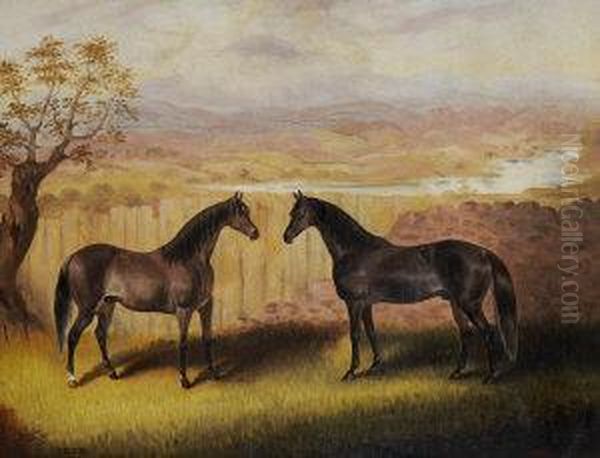 A Pair Of Bay Hunters In A Landscape Oil Painting by Samuel Spode