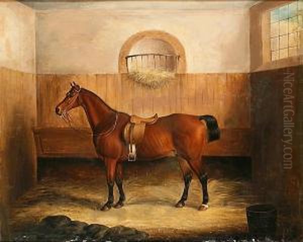 A Bay Horse In A Stable Interior Oil Painting by Samuel Spode