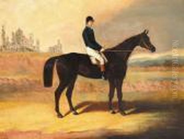 A Dark Bay Racehorse With Jockey
 Up And A View Of Abbey Ruins Beyond Signed Lower Left Oil On Canvas 71 
By 91cm., 28 By 36in. Possibly A View Of The Rock Of Cashel, Co. 
Tipperary Oil Painting by Samuel Spode