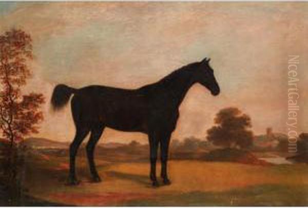 A Dark Bay Hunter In A Landscape Oil Painting by Samuel Spode