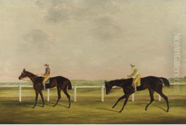 Colonel King's 'bessie Bedlam' 
Ridden By T. Lye And Mr. Golden's 'robin Hood' 
Ridden By J. Spragson Exercising On Lincoln 
Racecourse Oil Painting by Samuel Spode