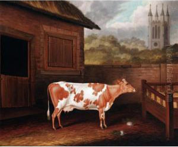 A Prize Ayrshire Cow In A Farmyard Oil Painting by Samuel Spode