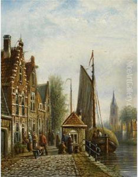 Daily Activities In A Sunlit Dutch Town Oil Painting by Johannes Franciscus Spohler