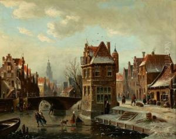 Canal Scene With Skaters Oil Painting by Johannes Franciscus Spohler