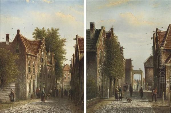 Dutch Street Scenes With Numerous Figures Oil Painting by Johannes Franciscus Spohler