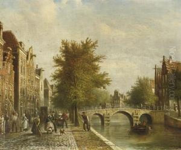 Daily Activities Along A Dutch Canal Oil Painting by Johannes Franciscus Spohler