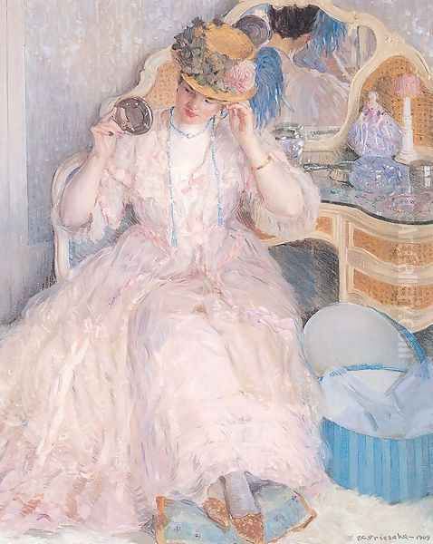 Lady Trying On a Hat Oil Painting by Frederick Carl Frieseke