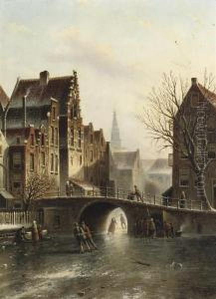 Skating On A Frozen Town Canal Oil Painting by Johannes Franciscus Spohler