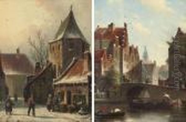 A Winter Street Scene Oil Painting by Johannes Franciscus Spohler