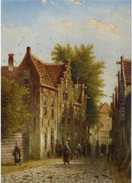 Daily Life In A Dutch Town: A Pair Of Paintings Oil Painting by Johannes Franciscus Spohler