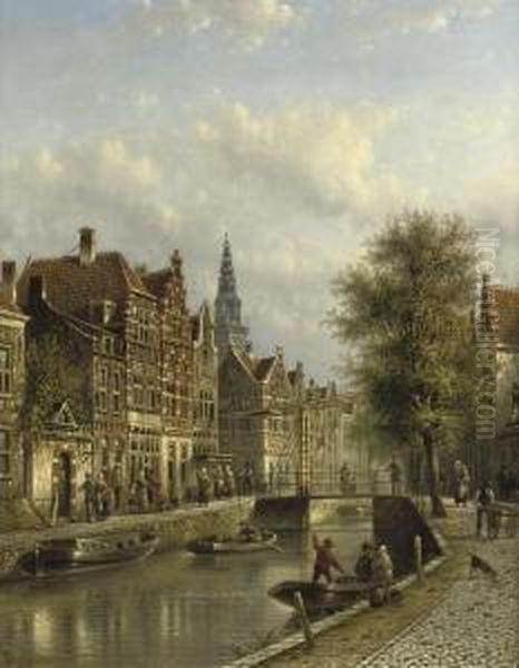 Townsfolk On A Quay In Amsterdam With The Oude Kerk Beyond Oil Painting by Johannes Franciscus Spohler