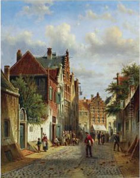 Figures In The Sunlit Streets Of A Dutch Town Oil Painting by Johannes Franciscus Spohler