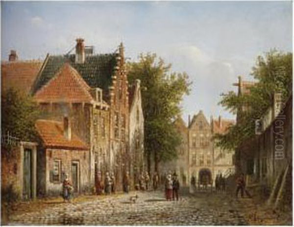 A Busy Dutch Street Oil Painting by Johannes Franciscus Spohler