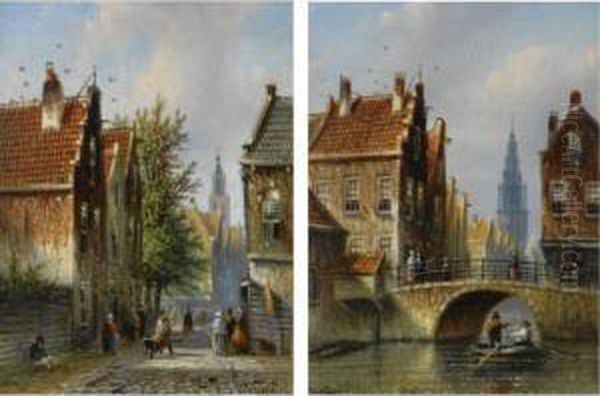 A View Of The Bloemstraat, Amsterdam; A View Of The Groenburgwal, Amsterdam (a Pair) Oil Painting by Johannes Franciscus Spohler