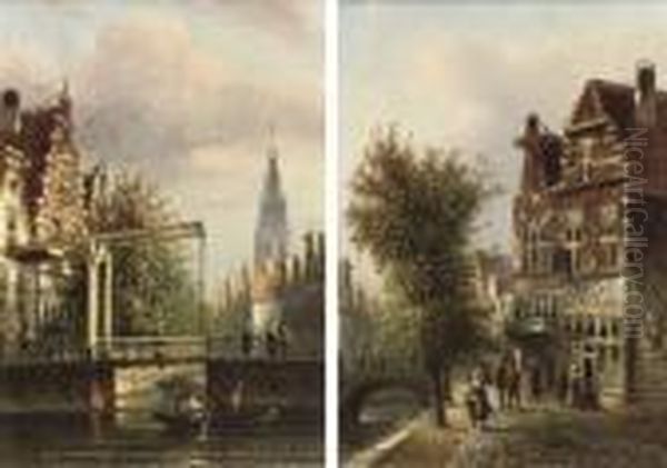 Rowing At A Bridge On A Dutch Canal; And Figures Before A Bridge On A Dutch Canal Oil Painting by Johannes Franciscus Spohler