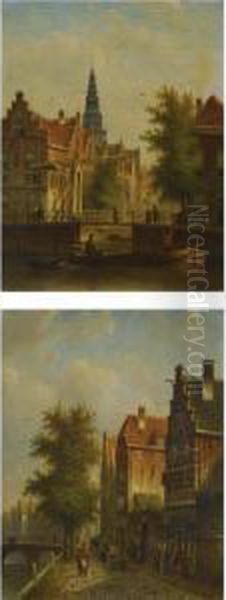 Bridge Over A Canal; Beside The Canal: A Pair Oil Painting by Johannes Franciscus Spohler