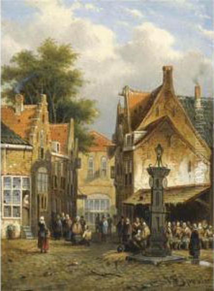 Market In A Town Square by Johannes Franciscus Spohler