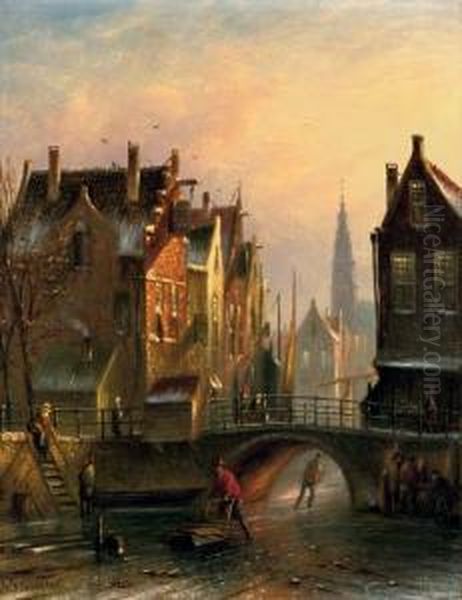 Skating Through Town Oil Painting by Johannes Franciscus Spohler