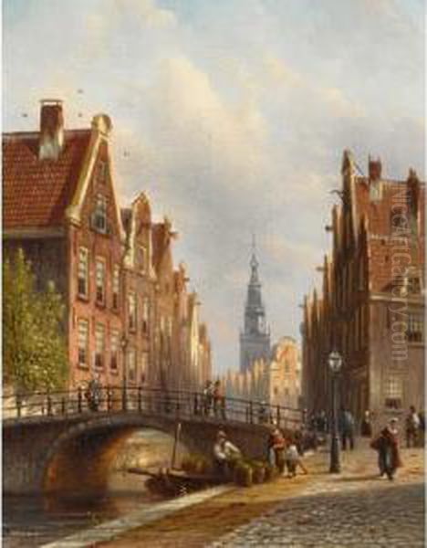 A View Of A Canal, Amsterdam Oil Painting by Johannes Franciscus Spohler