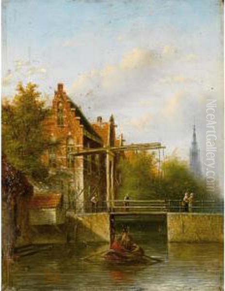 Figures On A Canal, Amsterdam Oil Painting by Johannes Franciscus Spohler