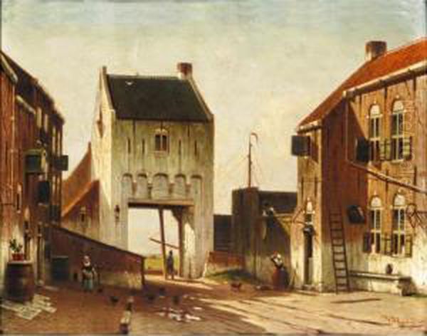 A City Gate In Leerdam Oil Painting by Johannes Franciscus Spohler