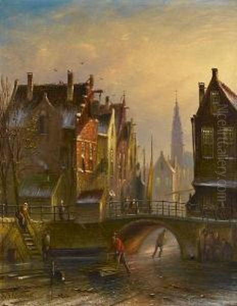 Skaters On A Canal In Amsterdam With A View Of The Zuiderkerk Beyond Oil Painting by Johannes Franciscus Spohler