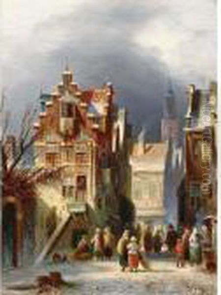 Figures In A Wintry Dutch Town Oil Painting by Johannes Franciscus Spohler