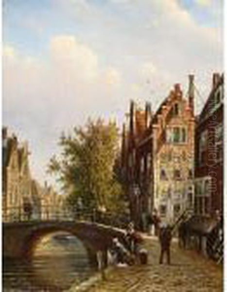 A Dutch Town With Figures On A Canal Oil Painting by Johannes Franciscus Spohler