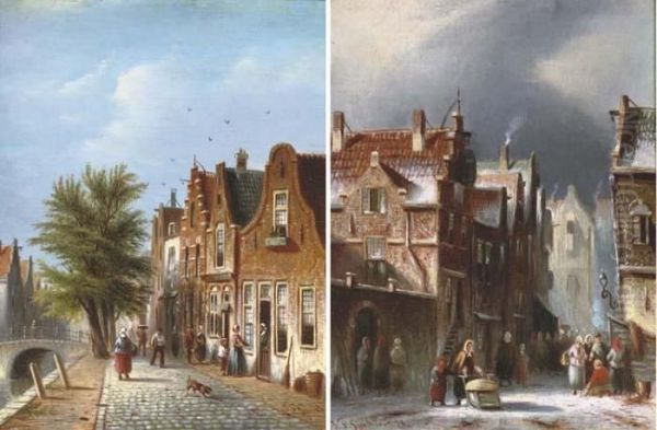 A Snow Covered Town; And Along A Canal In Summer Oil Painting by Johannes Franciscus Spohler