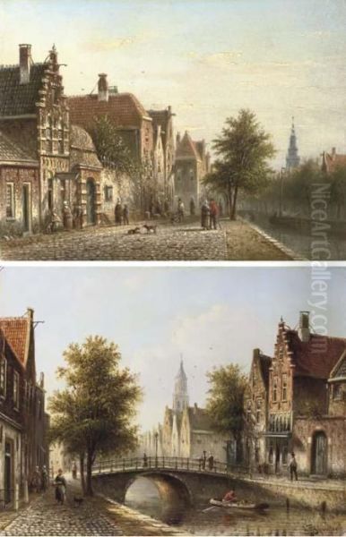 Townsfolk By A Canal In Summer; And Figures On A Bridge In A Dutch Town Oil Painting by Johannes Franciscus Spohler